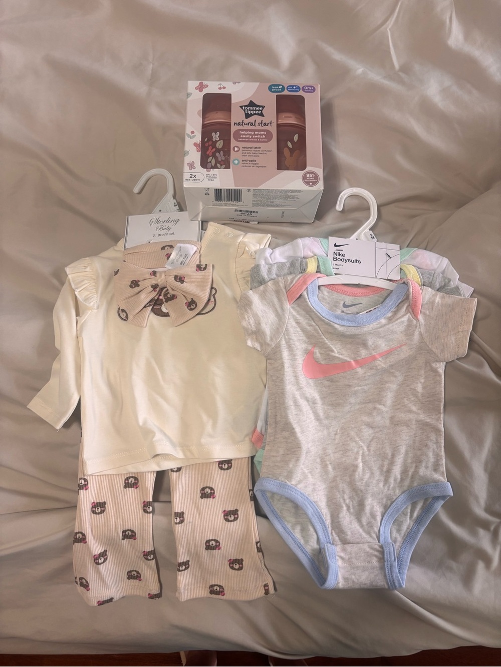 Baby Clothing Bundle with Bottles - Neutral Cream & Gray with Pink Accents